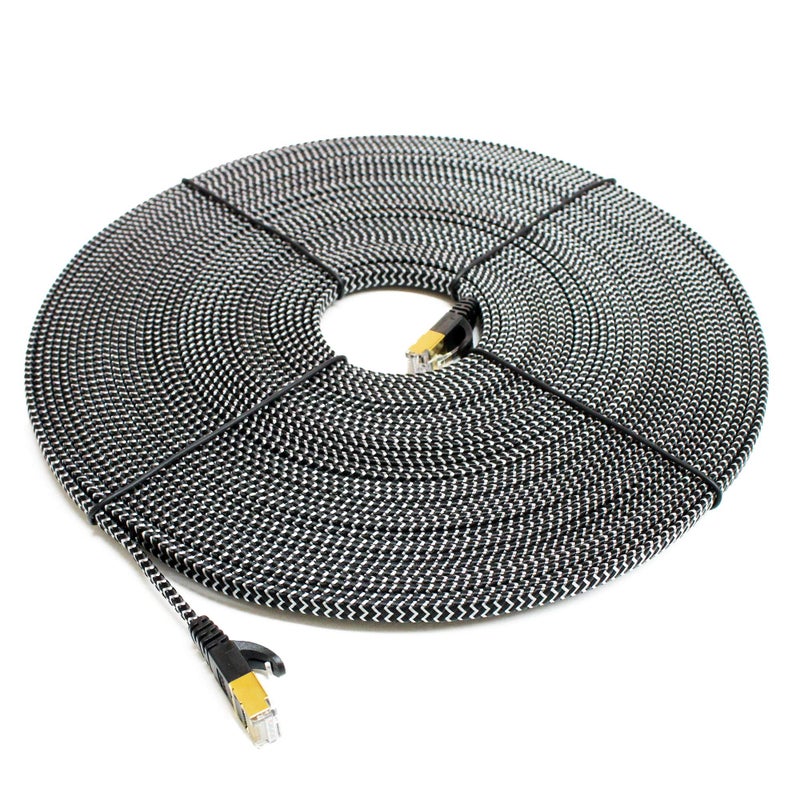 Tera Grand - 50FT - CAT7 10 Gigabit Ethernet Ultra Flat Patch Cable for Modem Router LAN Network - Braided Jacket, Gold Plated Shielded RJ45 Connectors, Faster Than CAT6a CAT6 CAT5e, Black & White - Image 3